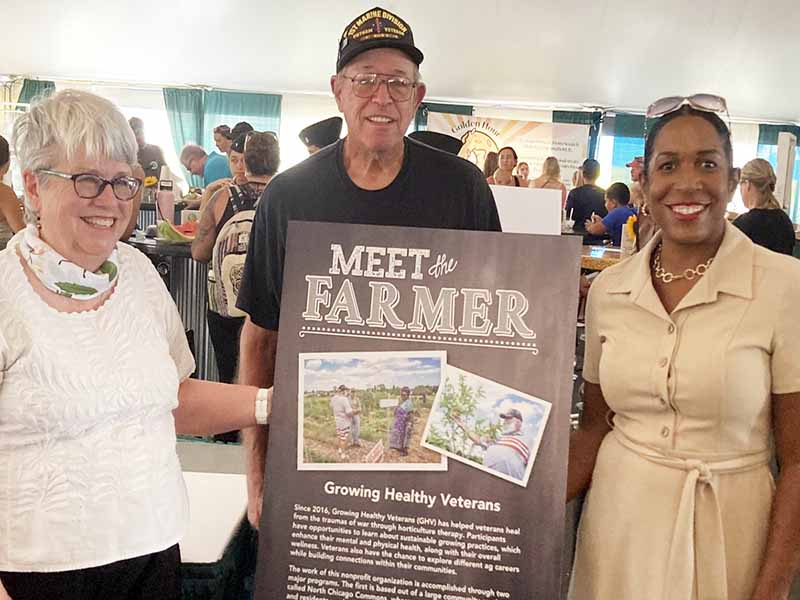 Growing Healthy Veterans Ellen Ewing and Veteran Dennis Berg Lieutenant Governor Juliana Stratton at the Illinois State Fair
